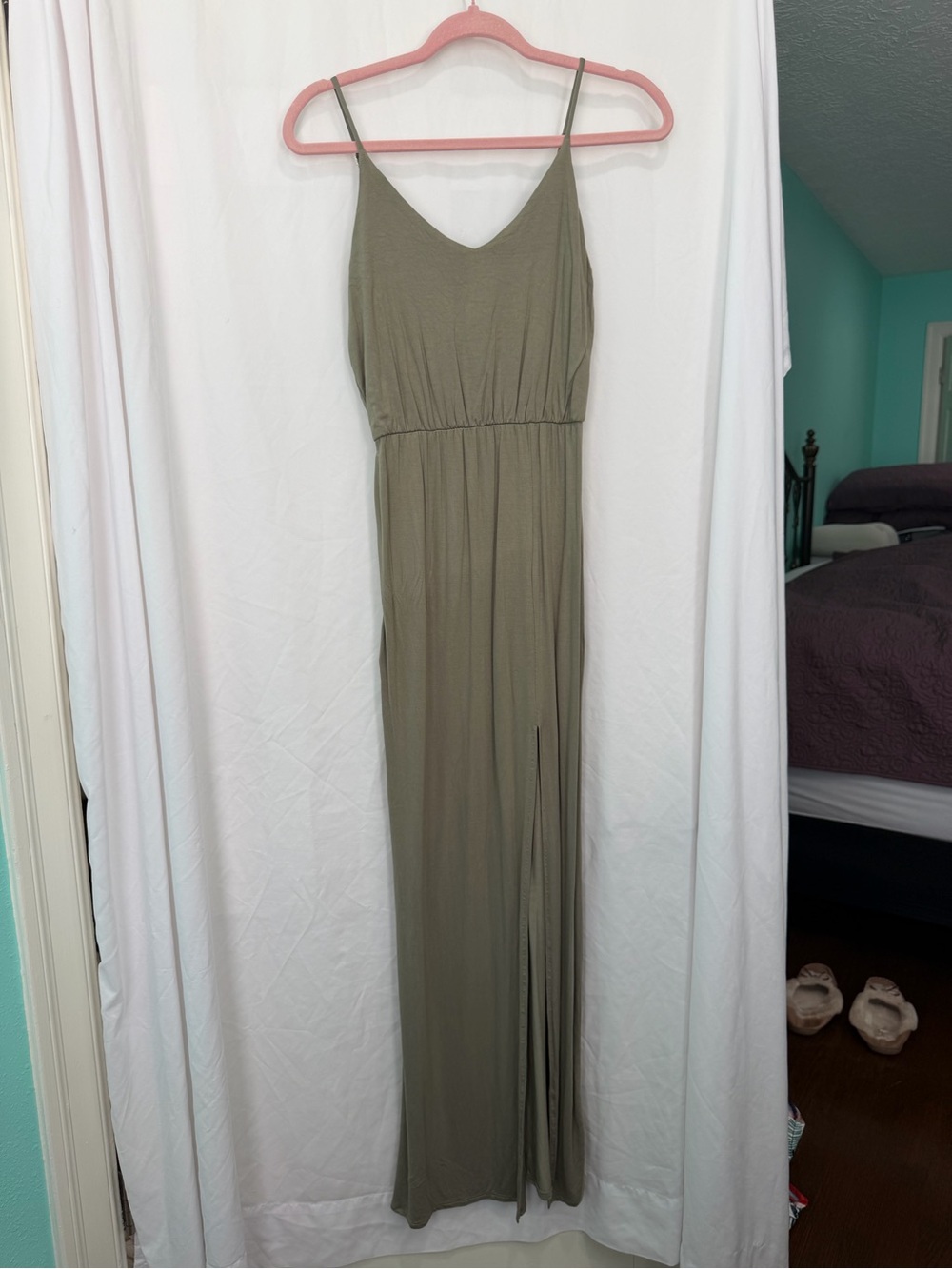Lulus Watch the Sunset Washed Olive Green Maxi Dress with a side slit